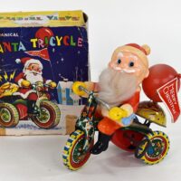 Vintage Mechanical Santa Tricycle Tin Windup Christmas Toy