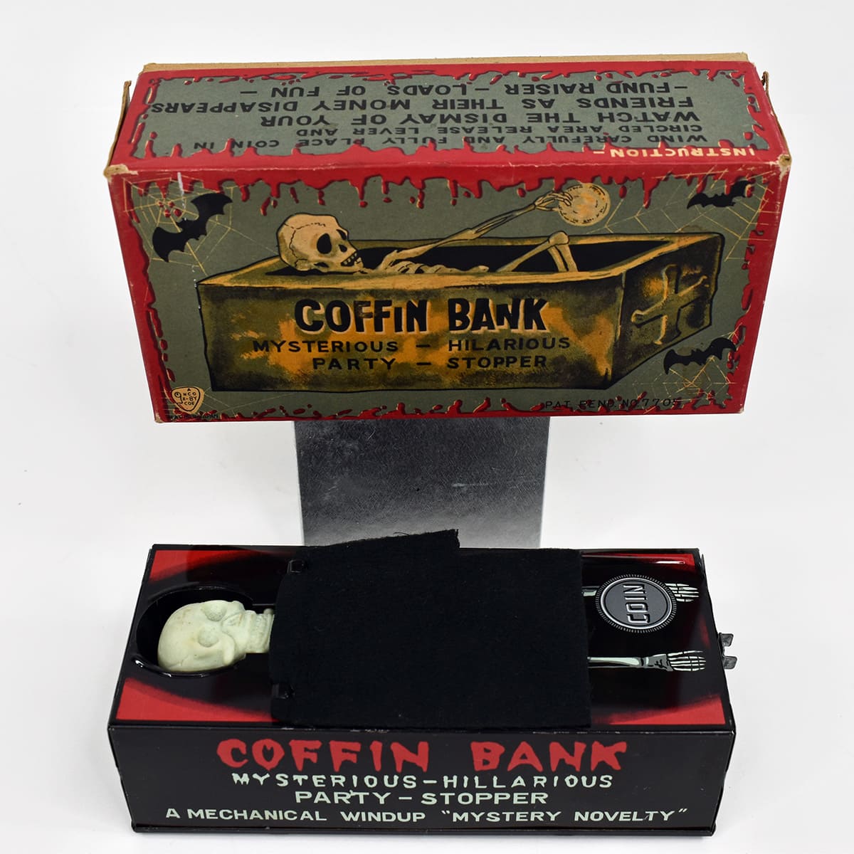 Vintage Yone SKELETON COFFIN COIN BANK Wind Up Toy Original Box