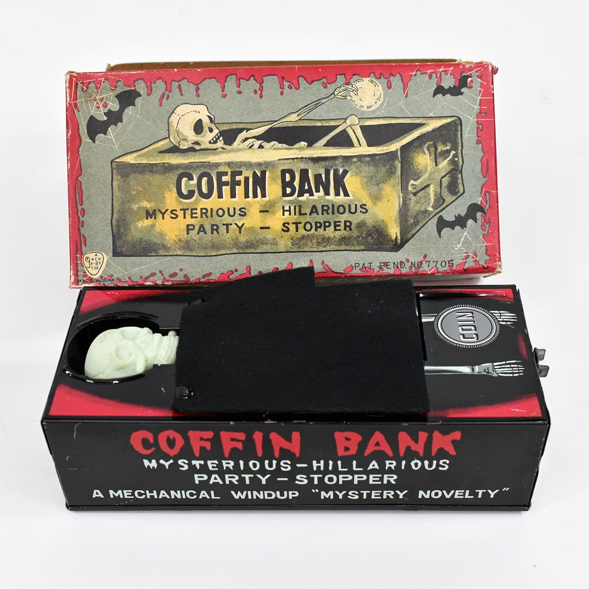 Vintage Yone SKELETON COFFIN COIN BANK Wind Up Toy